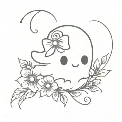 cute ghost with hair bow surrounded by flowers tattoo design idea