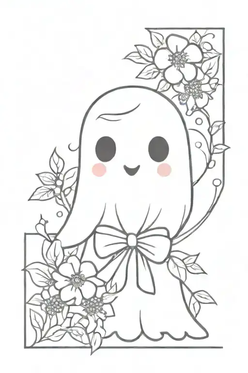 cute ghost with hair bow surrounded by flowers tattoo design idea