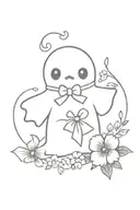cute ghost with bow surrounded by flowers tattoo design idea