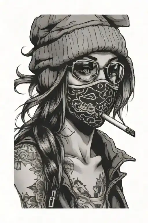 girl in ski mask smoking cigarette tattoo design idea