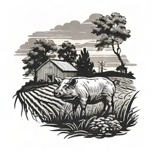 Incorporate a pig silhouette into a black-grey tattoo design of a farm landscape, with barns and fields in the background tattoo design idea