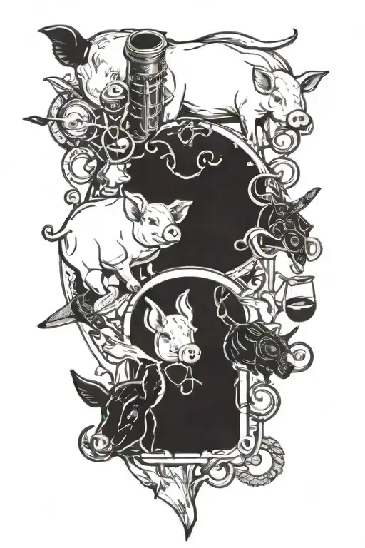 A creative blackwork design incorporating various livestock showing tools and equipment with a focus on pigs tattoo design idea
