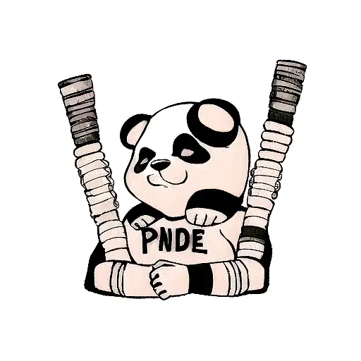 Panda face with scuffs and bruises.  Holding up his muscular bicep with a tattoo that says survive tattoo design idea