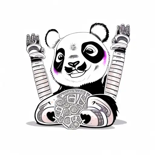Panda face with scuffs and bruises.  Holding up his muscular bicep with a tattoo that says survive tattoo design idea