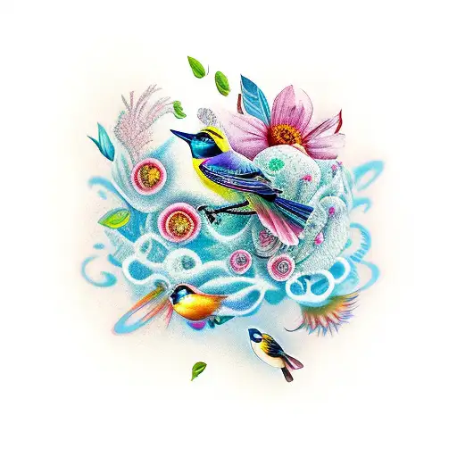 Birds and Flowers transition space horror tattoo design idea