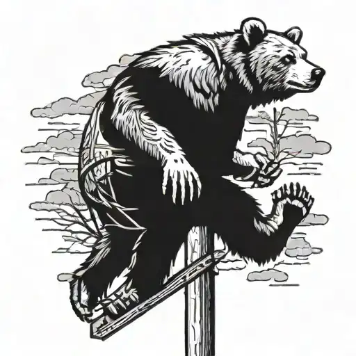 A lineman climbing a utility pole with a bear riding on their shoulder tattoo design idea