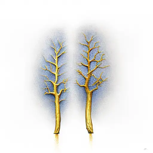 Two trees: a gold and a silver tree, citation, axe bow sword laid on each other tattoo design idea