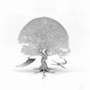 a golden and a silver tree, citation, axe bow sword laid on each other tattoo design idea