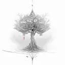 a golden and a silver tree, citation, axe bow sword laid on each other tattoo design idea