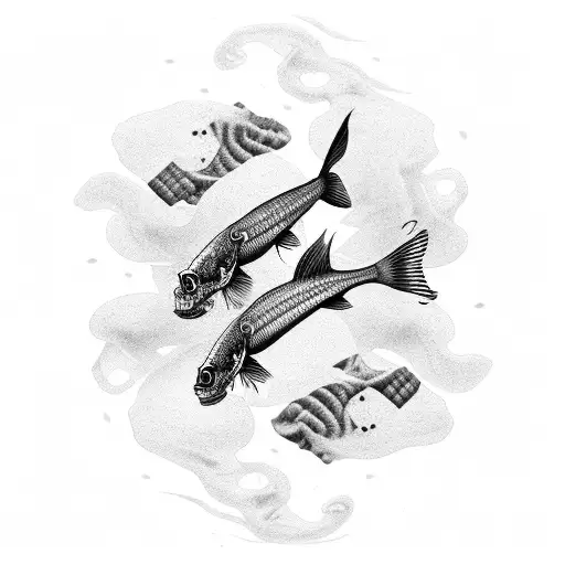 A black and white tattoo of three fish skeletons swimming in a sea of swirling smoke in unfilled lines tattoo design idea