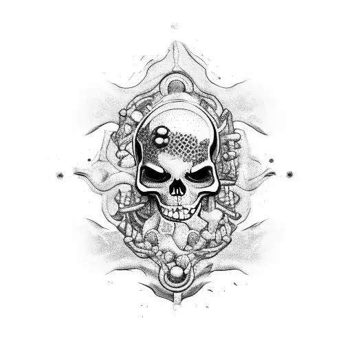 A black and white tattoo of a mechanical skeleton fish emerging from a pool of toxic waste in unfilled lines tattoo design idea