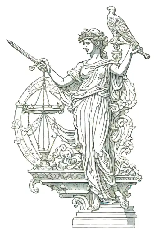 Greek goddess Themis in full growth, with a sword, scales, blindfolded tattoo design idea
