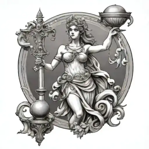 Greek goddess Themis in full growth, with a sword, scales, blindfolded tattoo design idea