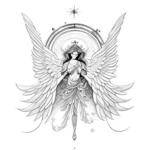 A celestial guardian angel with intricate wings and a halo, surrounded by delicate flowers and vines tattoo design idea