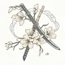 Cherry Blossom  With Katanas with the word Darks Maid engraved on one of the katanas tattoo design idea