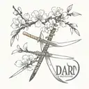 Cherry Blossom  With Katanas with the word Darks Maid engraved on one of the katanas tattoo design idea