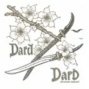 Cherry Blossom  With Katanas with the word Darks Maid engraved on one of the katanas tattoo design idea