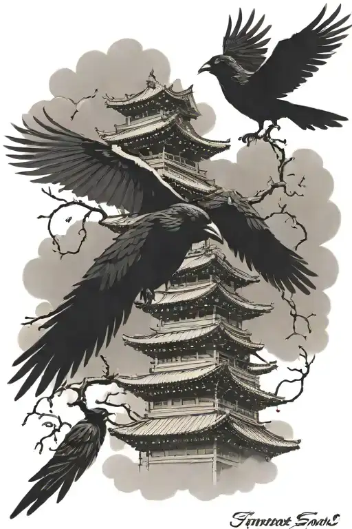 japanese soul tower crows flying tattoo design idea
