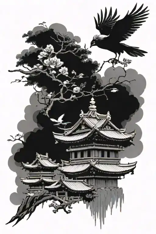 japanese soul tower crows flying tattoo design idea