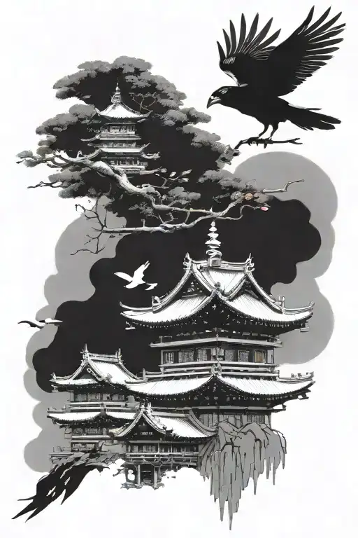 japanese soul tower crows flying tattoo design idea