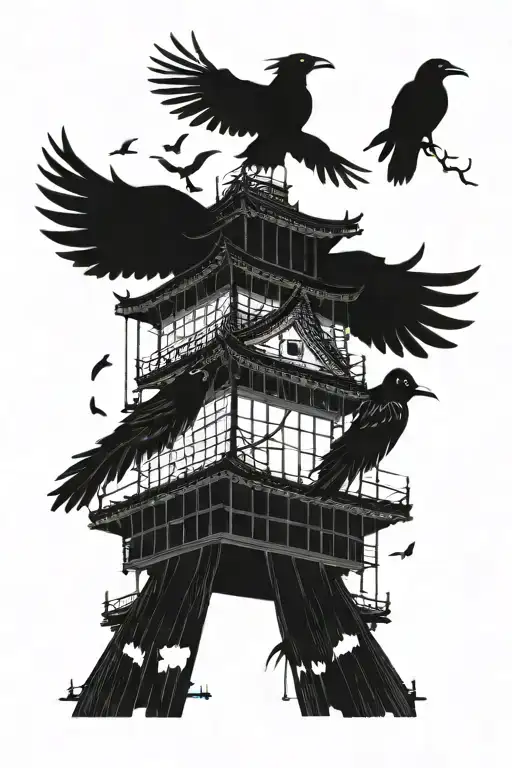 japanese soul tower crows flying tattoo design idea