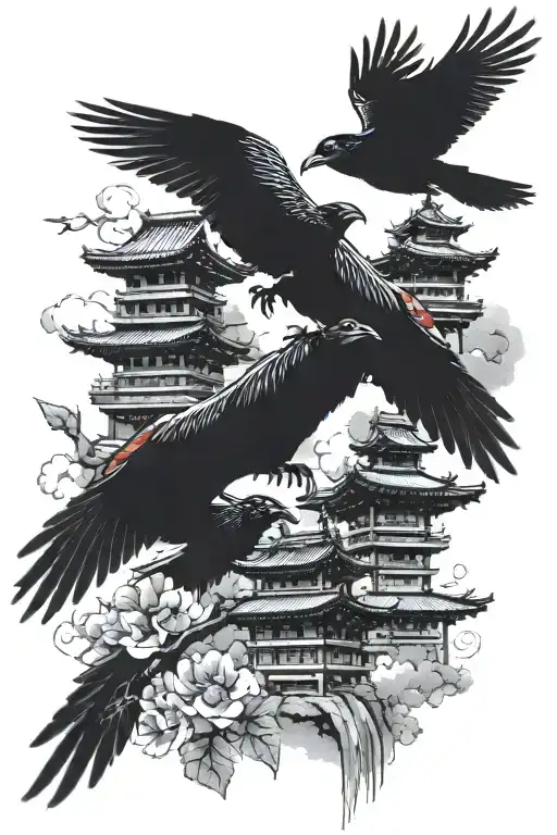japanese soul tower crows flying tattoo design idea