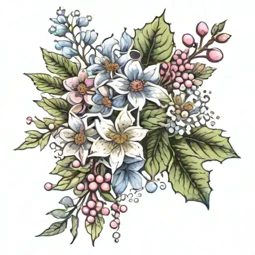 Bouquet of holly leaf, chrysanthemum flowers, and pink delphinium flowers with colored options tattoo design idea