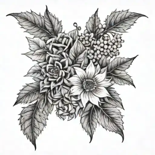 bouquet of holly leaves, crysanthemum, and delphinium tattoo design idea