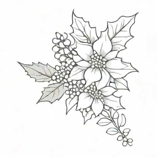Bouquet of holly leaf, chrysanthemum flowers, and delphinium flowers with colored and black and white options tattoo design idea