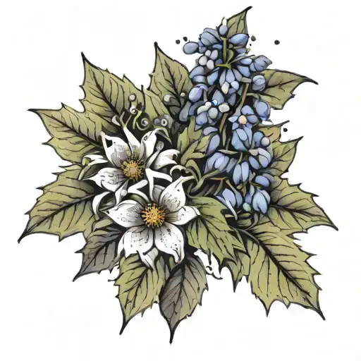 Bouquet of holly leaf, chrysanthemum flowers, and delphinium flowers with colored and black and white options tattoo design idea