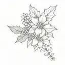 Bouquet of holly leaf, chrysanthemum flowers, and delphinium flowers with colored and black and white options tattoo design idea