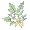 Bouquet of holly leaf, chrysanthemum flowers, and delphinium flowers with colored and black and white options tattoo design idea