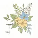 Bouquet of holly leaf, chrysanthemum flowers, and delphinium flowers with colored and black and white options tattoo design idea