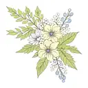 Bouquet of holly leaf, chrysanthemum flowers, and delphinium flowers with colored and black and white options tattoo design idea
