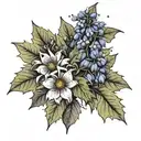 Bouquet of holly leaf, chrysanthemum flowers, and delphinium flowers with colored and black and white options tattoo design idea