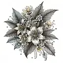 Bouquet of holly leaf, chrysanthemum flowers, and delphinium flowers with colored and black and white options tattoo design idea