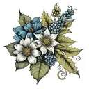 Bouquet of holly leaf, chrysanthemum flowers, and delphinium flowers with colored and black and white options tattoo design idea