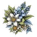 Bouquet of holly leaf, chrysanthemum flowers, and delphinium flowers with colored and black and white options tattoo design idea