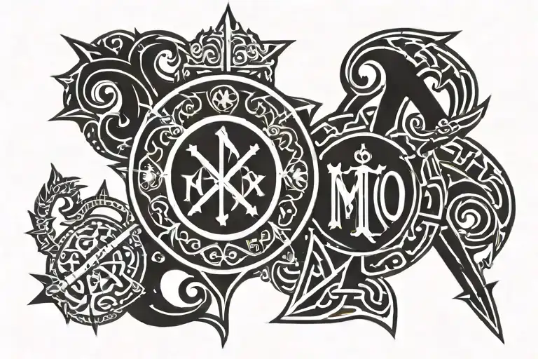 macdonald of clanrandle crest shield and chi rho alpha omega symbol  tattoo design idea