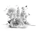 A modern concept of a remote work setup surrounded by nature and wildlife tattoo design idea