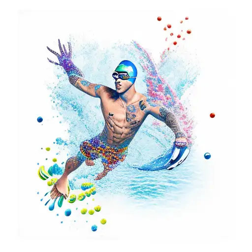 A bold and colorful tattoo depicting a swimmer diving into crystal clear waters tattoo design idea