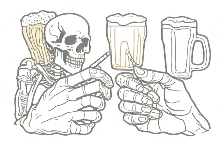 skeleton hands holding beer and cigarette, skeleton hands holding beer and lighter, matching tattoo tattoo design idea