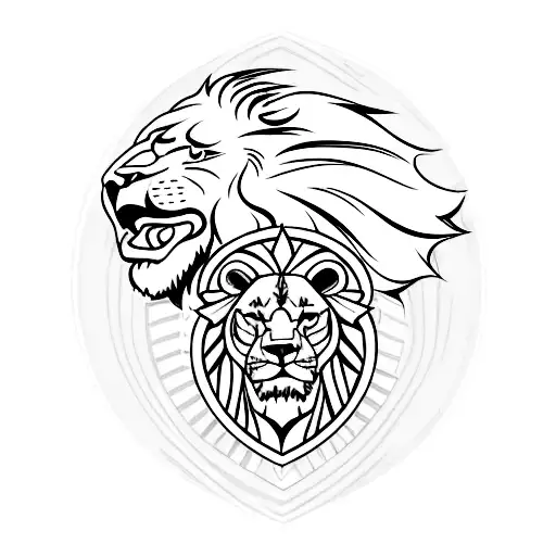A minimalist depiction of a soccer field nestled amidst the breathtaking Tennessee mountains, with a lion and eagle standing guard on either side tattoo design idea