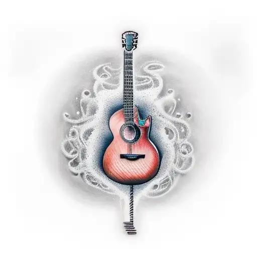 A realistic tattoo of a guitar with musical notes flowing out of it tattoo design idea