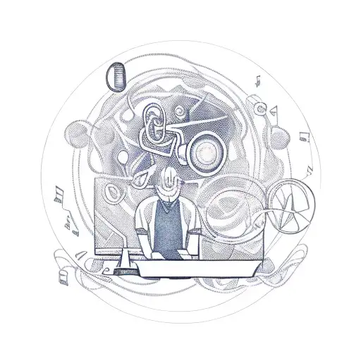 A realistic tattoo of a web-developer coding while surrounded by musical symbols tattoo design idea