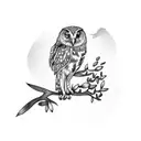 Owl orchid branch of olive tree cat tattoo design idea