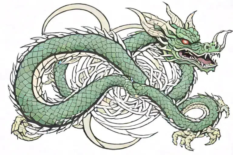 SHENRON DRAGON FROM DRAGON BALL ANIME IN A ouroboros WAY THATS SHAPED LIKE A 8/ INIFNITY SIGN THAT GOES AROUND FOREARM tattoo design idea