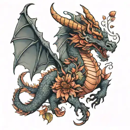 dragon with carnations and hawthorn flowers tattoo design idea