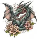 dragon with carnations and hawthorn flowers tattoo design idea