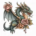 dragon with carnations and hawthorn flowers tattoo design idea